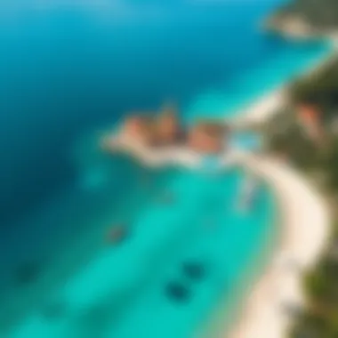 An aerial view of a stunning beach with turquoise waters and white sandy shores