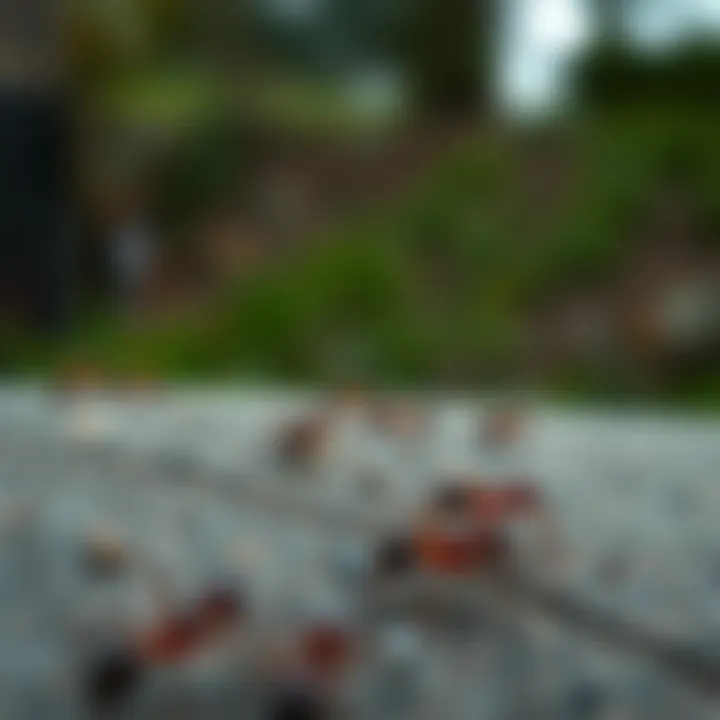 Close-up of an ant trail on a surface