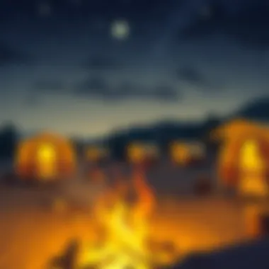 A cozy campfire setting with caravans in the background under a starlit sky