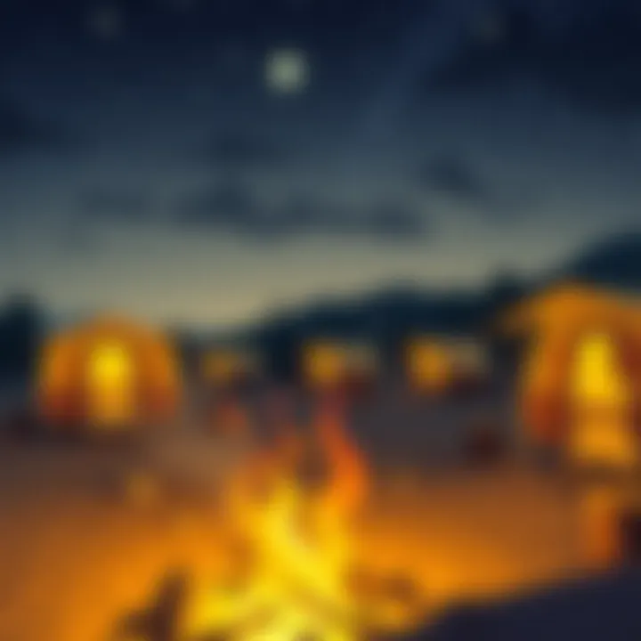 A cozy campfire setting with caravans in the background under a starlit sky