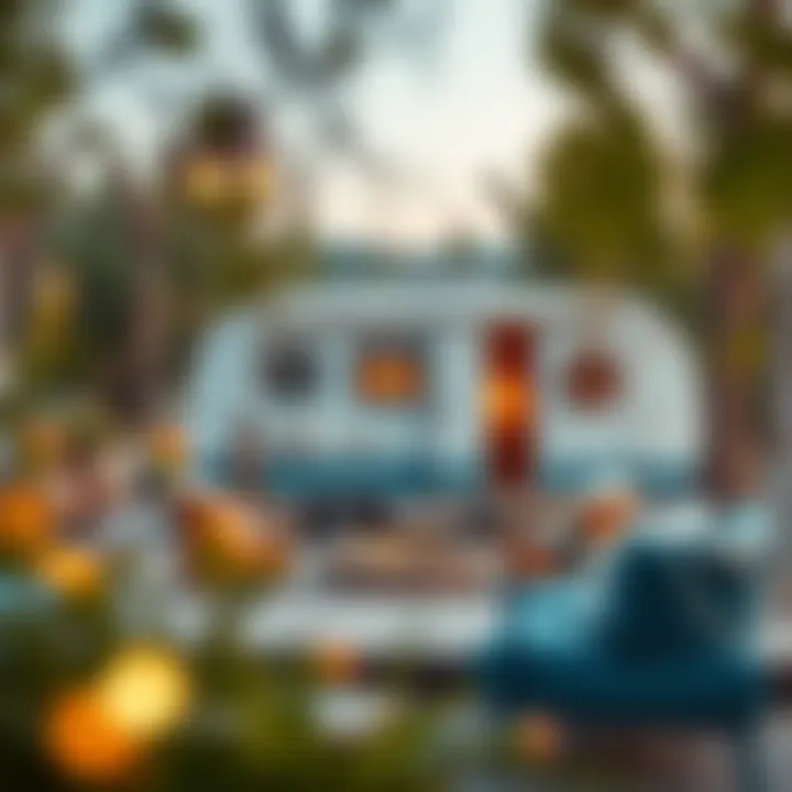 An inviting caravan setup with outdoor furniture and nature surrounding it