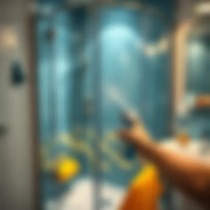 Person applying cleaning solution to shower cabin