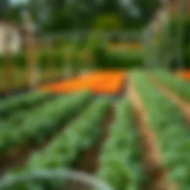A garden with well-organized rows of growing vegetables
