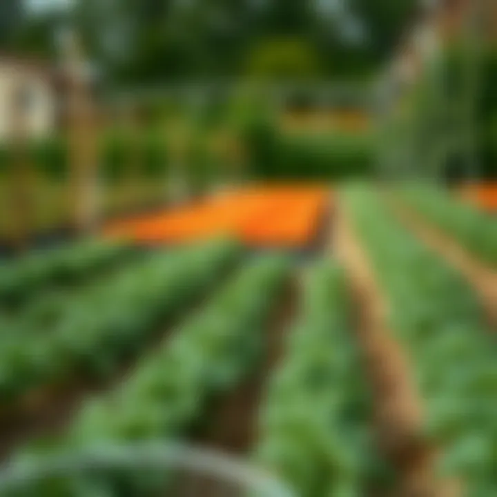 A garden with well-organized rows of growing vegetables