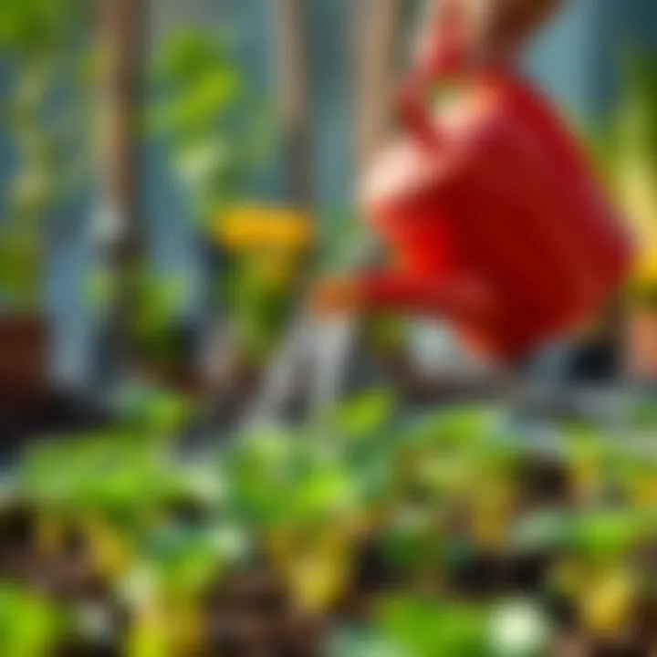 A watering can pouring water over young vegetable plants