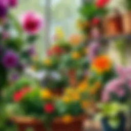 A vibrant balcony garden filled with various plants and flowers