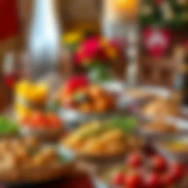 A beautifully arranged festive table showcasing a variety of traditional dishes.