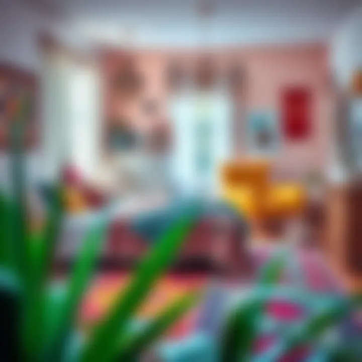 Colorful boho bedroom with layered rugs