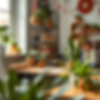 Creative workspace featuring plants and artistic decor