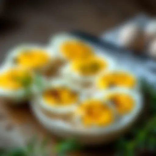 A vibrant dish of boiled eggs garnished with fresh herbs and spices