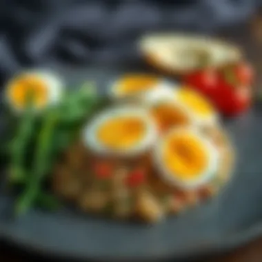 A gourmet dish showcasing sliced boiled eggs on a bed of quinoa and vegetables