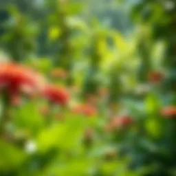 A serene garden highlighted by large-leaved flowers