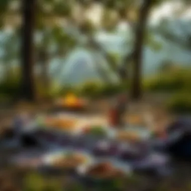 A serene campsite with a prepared meal laid out under the trees