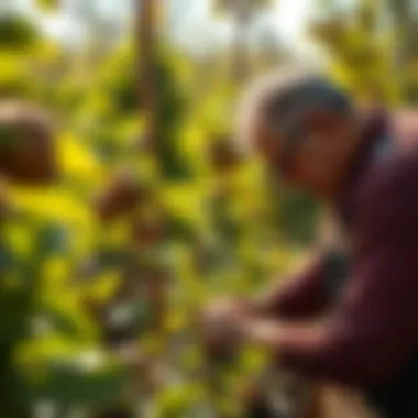 Nurturing Walnut Plants Gardener nurturing walnut plants in sunlight