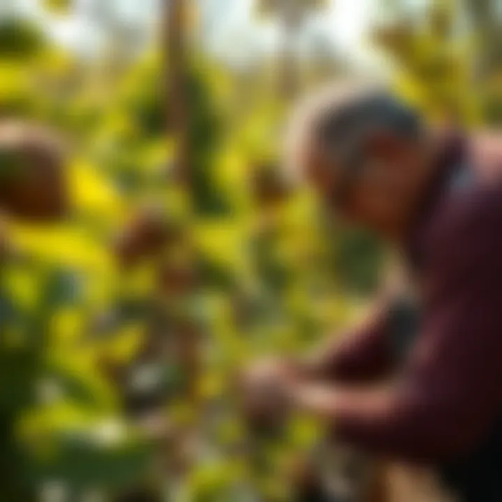 Nurturing Walnut Plants Gardener nurturing walnut plants in sunlight