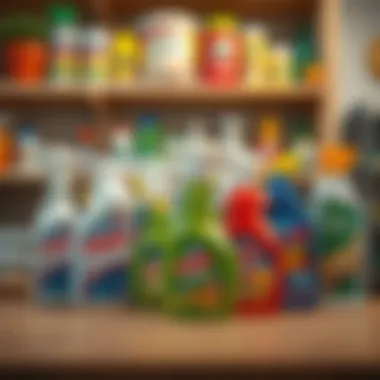 A variety of floor cleaning products lined up on a shelf