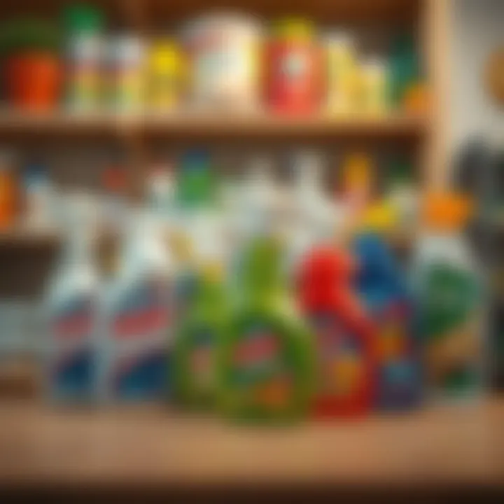 A variety of floor cleaning products lined up on a shelf