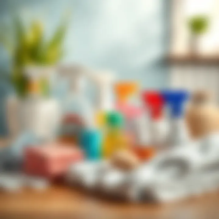 Cleaning supplies arranged for stain removal