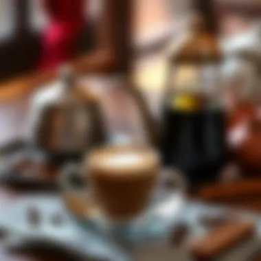 Coffee cup with foam and traditional coffee set