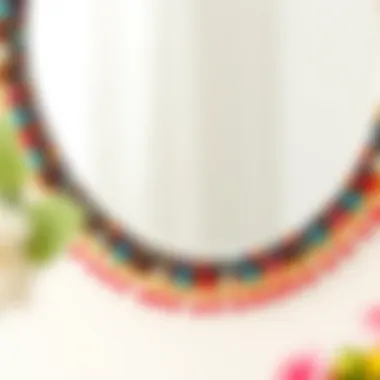 Colorful beaded trim enhancing a mirror's edge