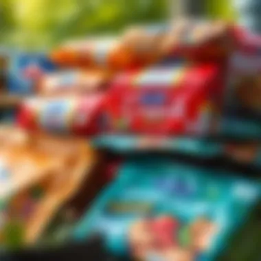 A close-up of colorful package designs of various camping meals stacked together