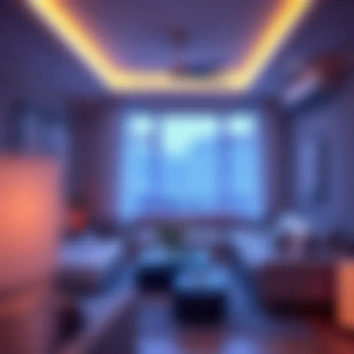 A cozy living room with integrated smart lighting and climate control