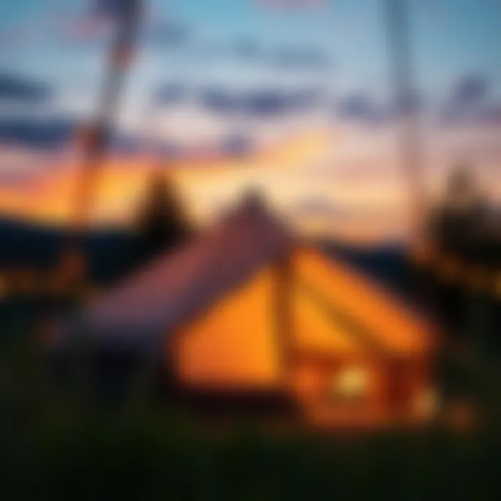 A cozy tent setup at sunset