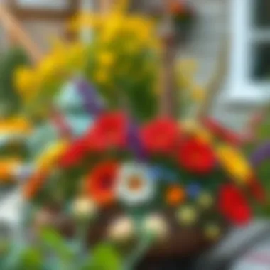 Creative garden arrangement with seasonal flowers