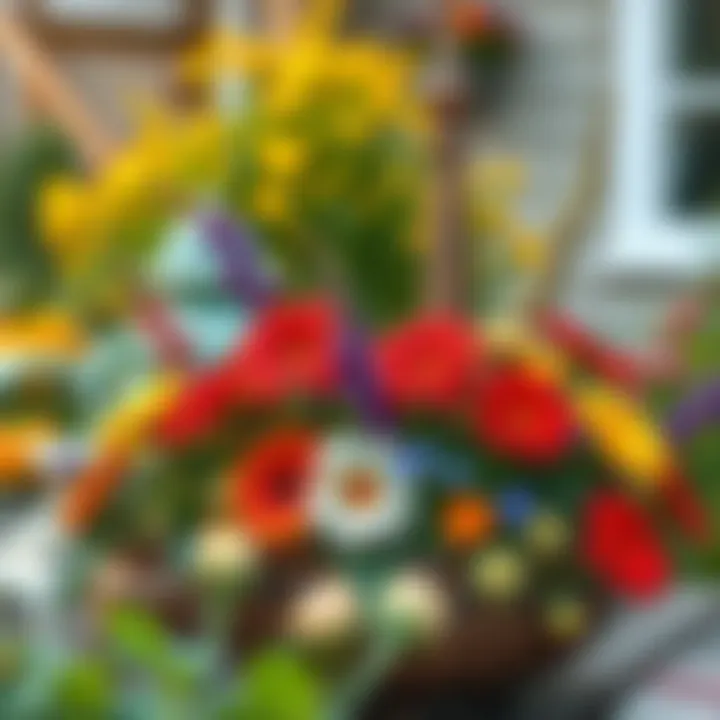 Creative garden arrangement with seasonal flowers