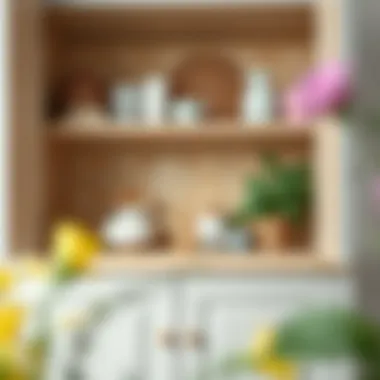 A beautifully organized cupboard with decorative tile accents