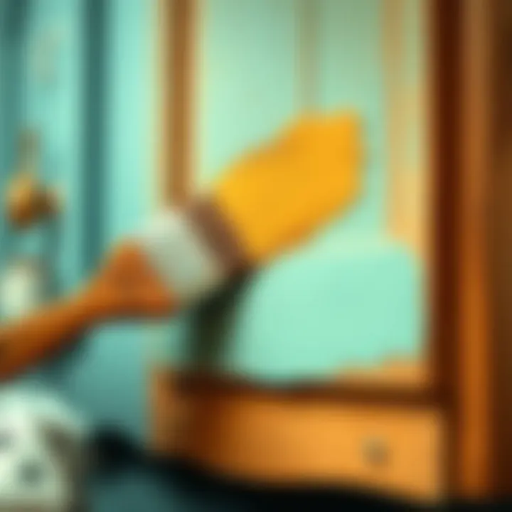 Close-up of paintbrush applying color to cabinet surface
