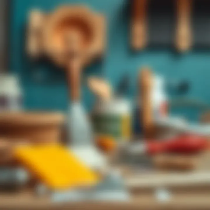 Arranged tools and materials for cabinet painting