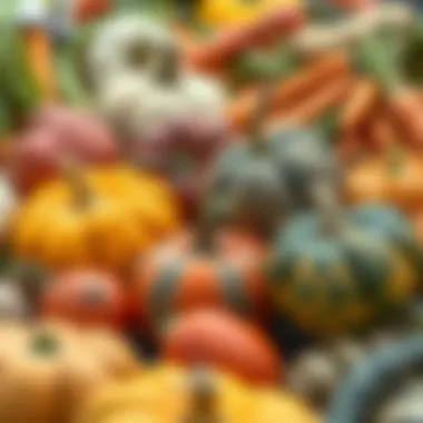 Colorful vegetables including pumpkins and carrots