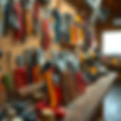 A collection of various hand tools arranged neatly on a workbench