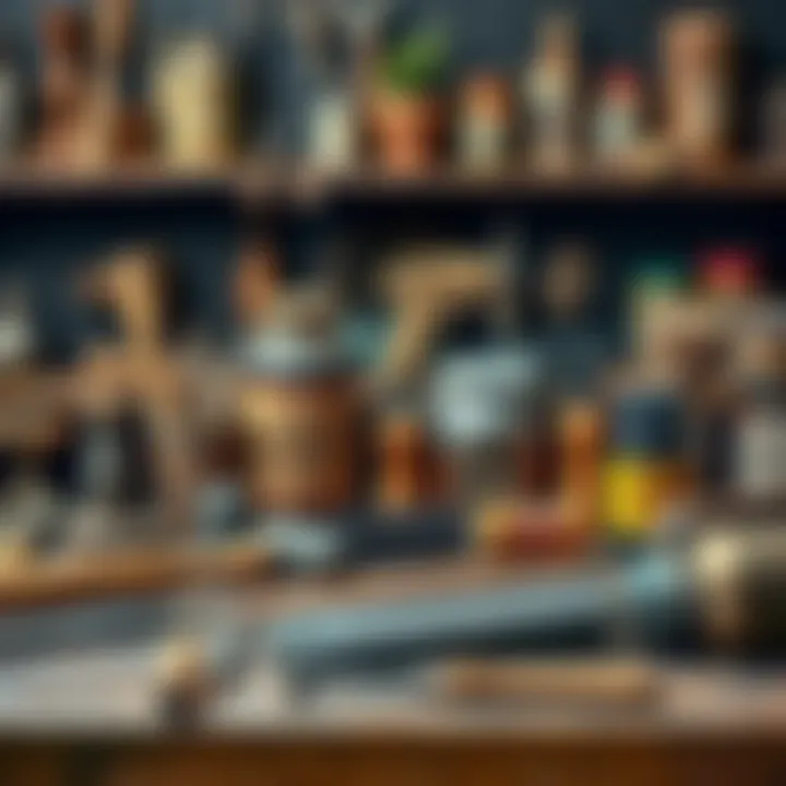 Tools and materials for restoring antique furniture displayed on a workbench