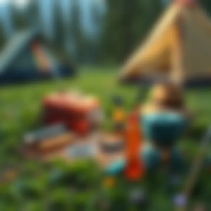 Essential camping gear laid out on the grass