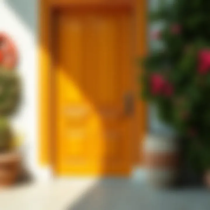 A painted door with a vibrant color, reflecting natural light