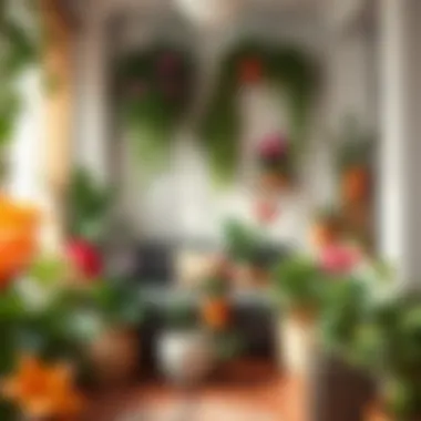 A cozy living room adorned with various blooming plants