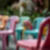 Creative embellishment of plastic chairs with colorful fabrics