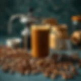 A beautifully arranged coffee setup with beans and equipment