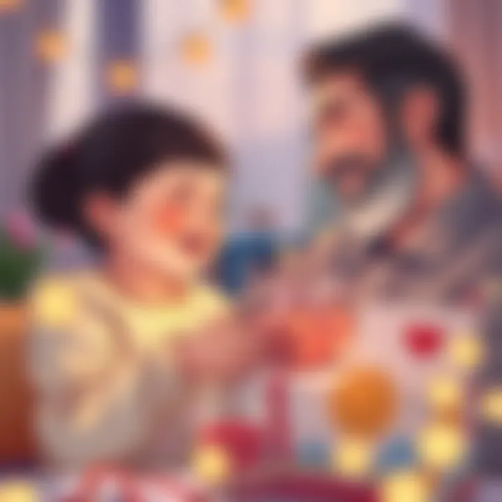 A joyful moment of sharing a handmade gift between a child and a father