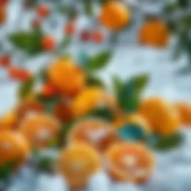 Citrus Delights in Winter Freshly picked citrus fruits on a snowy background