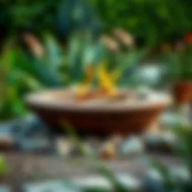 A fire pit surrounded by decorative stones and greenery
