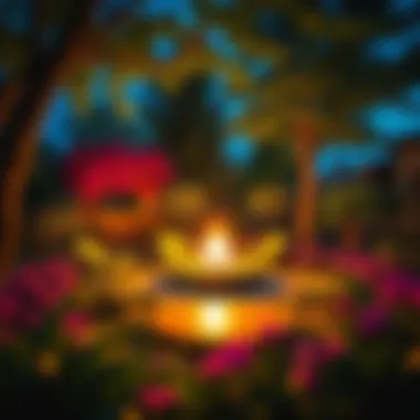 A vibrant garden illuminated by a fire pit at dusk