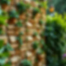 Unique garden wall adorned with climbing plants and artistic elements