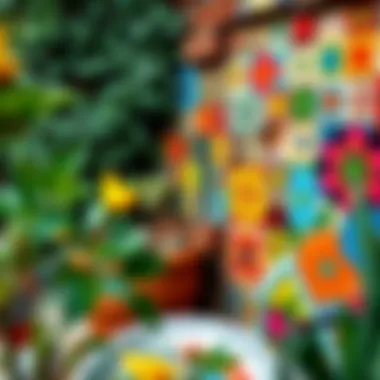 Colorful ceramic tiles arranged on a garden wall