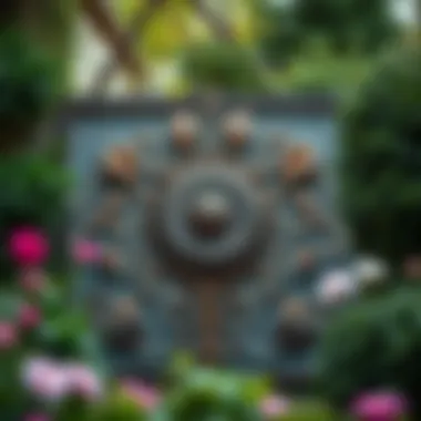 Artistic metal wall sculpture in a garden setting