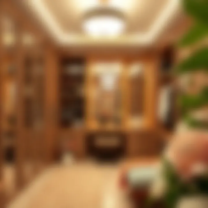 A luxurious dressing room with elegant lighting and organized storage.