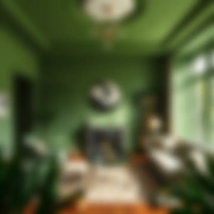 A serene living room with green walls showcasing a tranquil atmosphere