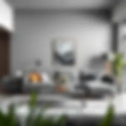 A modern living room showcasing various shades of gray paint on the walls